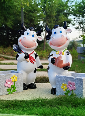 卡通风奶牛花缸幼儿园景观雕塑