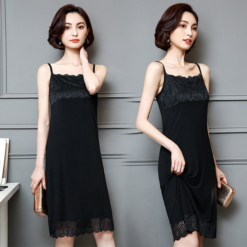 蕾丝吊带裙女中长款春秋内搭打底裙背心长裙外穿黑白色百搭连衣裙 - 图0