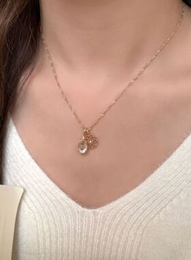 S925纯银蕾丝花花白水晶项链女轻