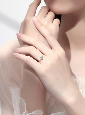 爆款蓝宝石戒指s925纯银极简气质时尚简约指环女送闺蜜女友