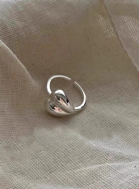 韩国S925纯银大爱心戒指女开口可调节轻奢小众设计感冷淡风食指戒