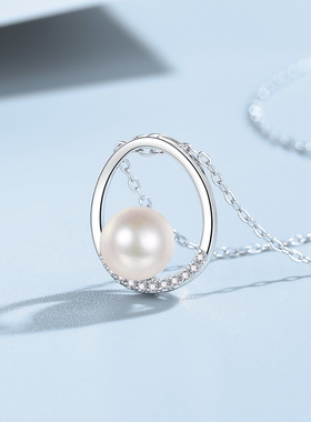 明月如珠项链女S999足银闪亮镶钻吊坠简约复古气质锁骨链椭圆项饰