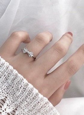 足银999蝴蝶结戒指女简约时尚百搭指环镶钻可调节爆款爆款手饰品