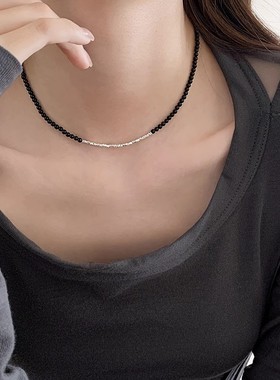 S925纯银碎银玛瑙项链女不规则黑色拼接锁骨链简约小众设计感项饰
