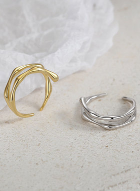 s925纯银不规则光面戒指女双环关节戒韩版冷淡小众设计感尾戒手饰