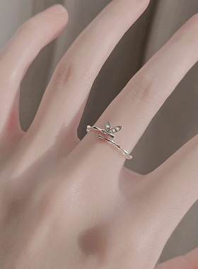 999足银竹叶相连戒指女ins小众设计指环个性简约冷淡风开口手饰品