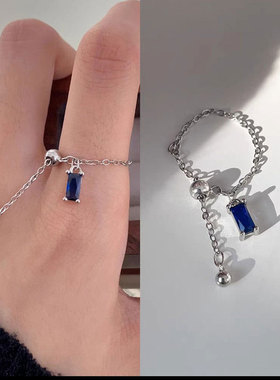 925纯银彩色小方钻抽拉戒指小众不掉色链条戒子高级感ins风格指环