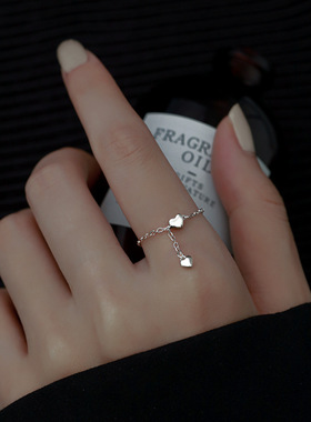 爱心s925纯银戒指女小众设计2023年新款潮戒链轻奢可调节食指指环