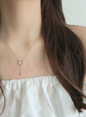 S999足银花环流苏项链女圆圈镶钻锁骨链ins小众设计吊坠纯银项饰