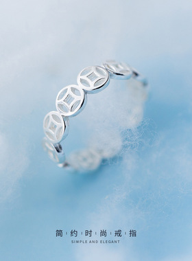 s925纯银戒指女日韩风简约小清新铜钱可调节情侣介指冷淡风指环