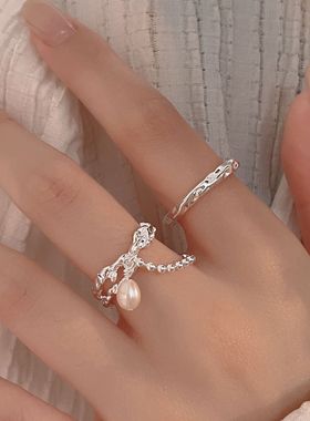 s925珍珠镂空链条纯银开口戒指女小众设计高级感食指戒可调节轻奢