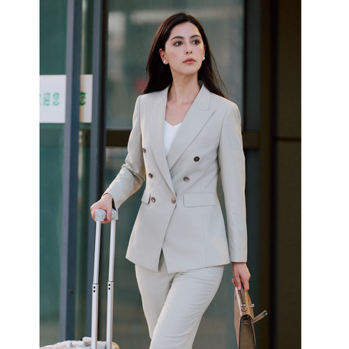 TieForHer Tzee8系列燕麦色双排扣修身通勤职业西装西服套装女 - 图3