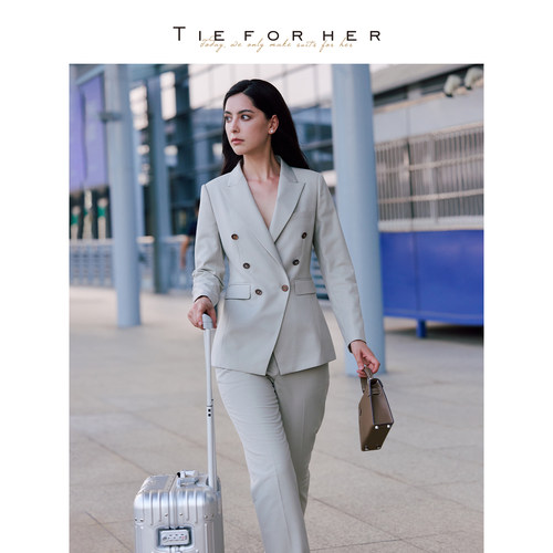 TieForHer Tzee8系列燕麦色双排扣修身通勤职业西装西服套装女 - 图0