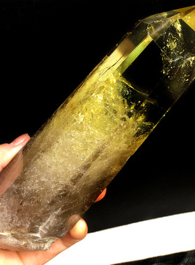 天然黄水晶柱原石打磨茶黄色单尖六棱柱彩虹千层原矿家居装饰摆件