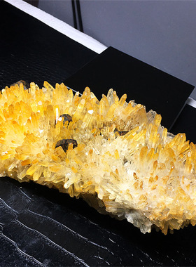 天然黄菊花水晶簇原矿石标本白水晶铁矿共生高端展览家居装饰摆件