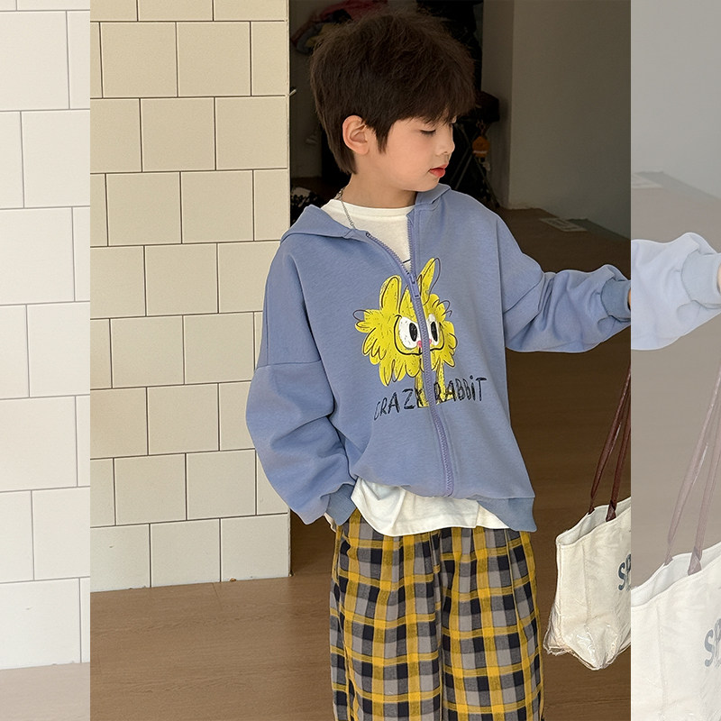 虾酱麻麻男童连帽外套春秋款2025新款男孩洋气卡通儿童装卫衣开衫