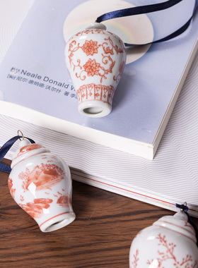 新中式 红色吊坠陶瓷小将军罐圣诞树装饰陶瓷装饰挂件花瓶小物件