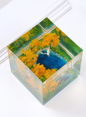 新款秋景微景观小鹿滴胶手工立方体摆件办公卧室桌面装饰送礼礼物