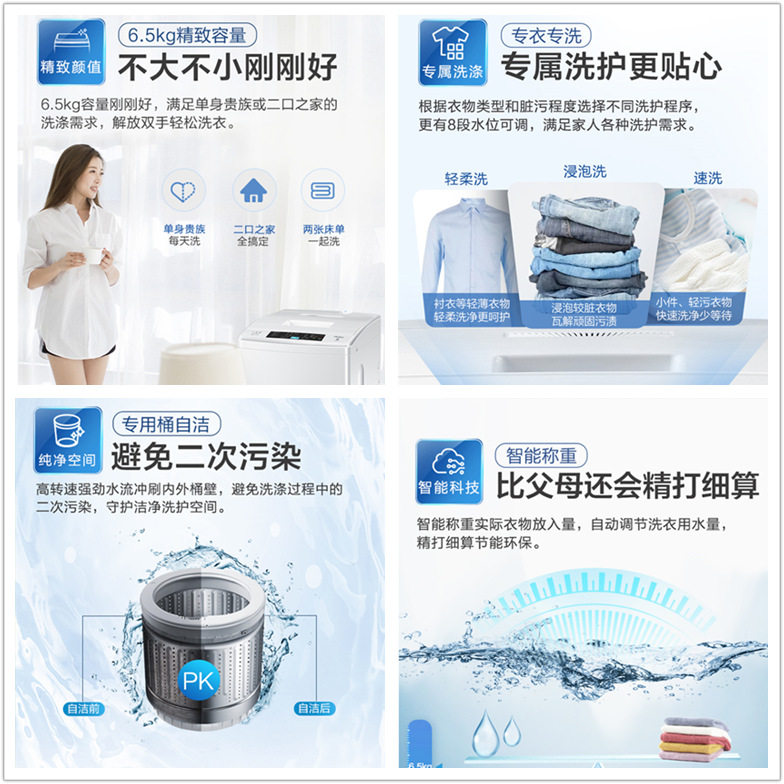 海尔全自动洗衣机家用6.5公斤波轮 海尔亿米莱洗衣机
