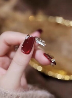 GC【红鸾殿】手工穿戴甲显白镜面红色猫眼爆闪美拉德光疗成品美甲