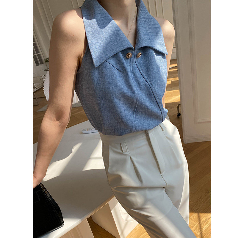 露肩无袖女夏复古气质翻领法式衬衫 裙踪魅影衬衫