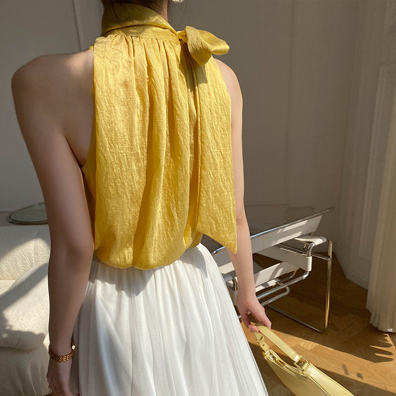 夏季挂脖绑带高级感法式天丝小衫 裙踪魅影背心吊带