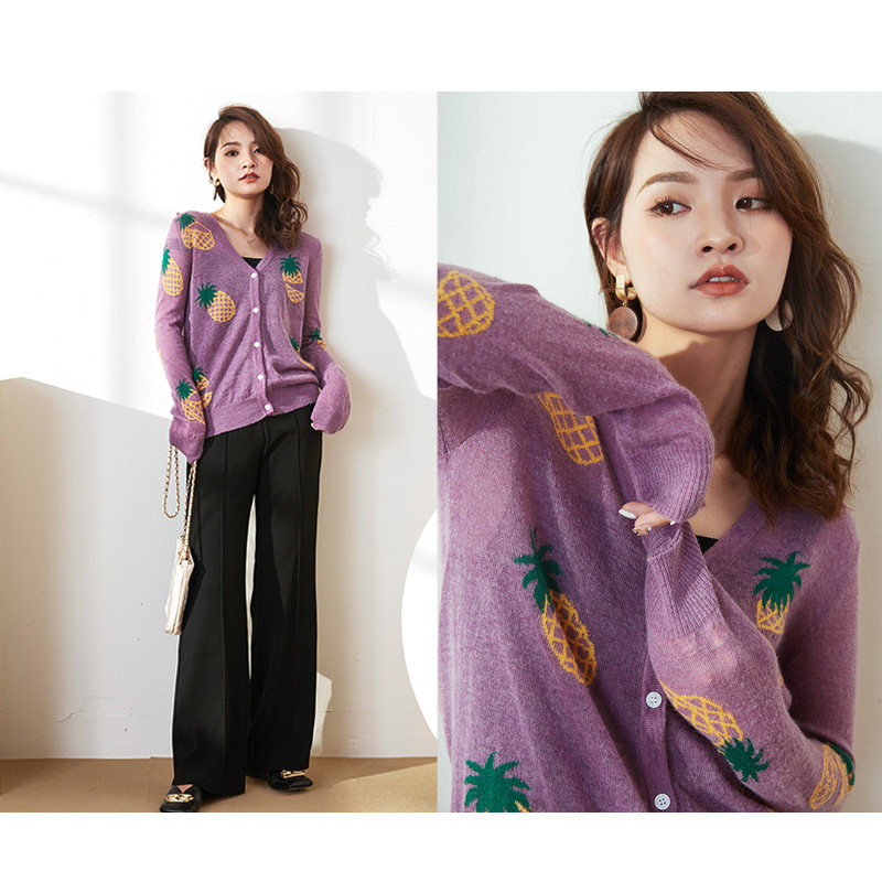 轻薄羊毛衫女士v领印花长袖针织衫 裙踪魅影毛衣