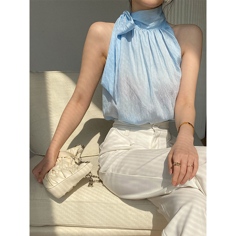 露肩挂脖夏女新款高级质感天丝无袖 裙踪魅影背心吊带