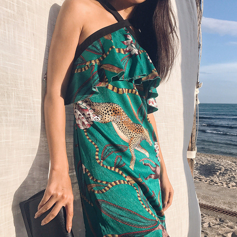 印花鱼尾裙夏度假性感吊带沙滩裙 裙踪魅影连衣裙