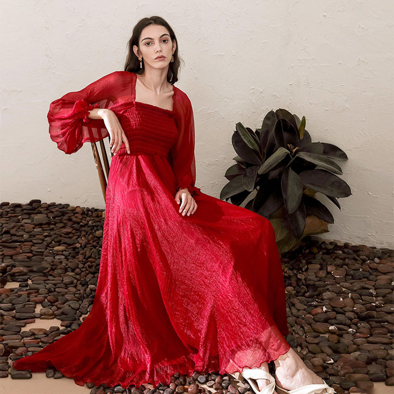 超仙2020新款女法式气质方领连衣裙 裙踪魅影连衣裙