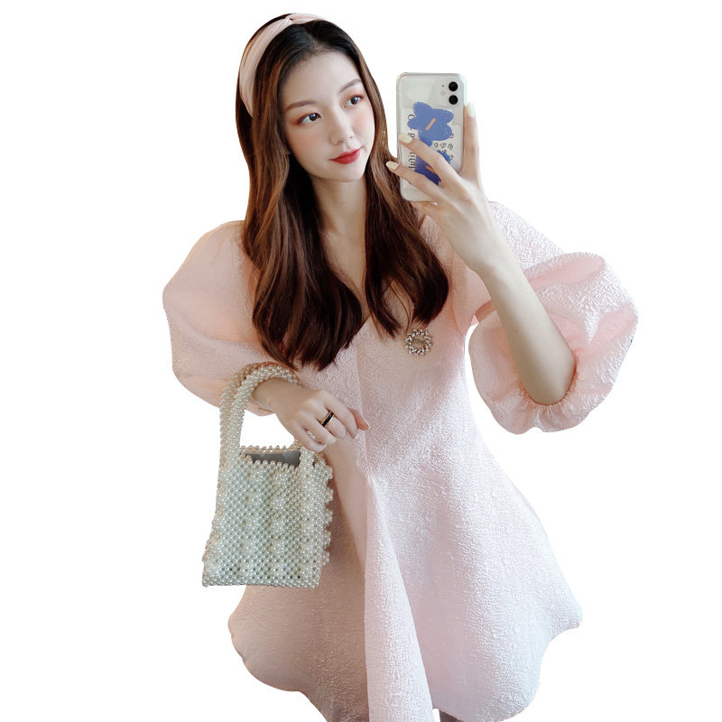 粉色蓬蓬田园风法式复古仙女连衣裙 玥尊服饰连衣裙