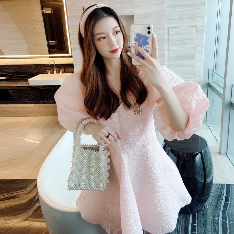 粉色蓬蓬田园风法式复古仙女连衣裙 玥尊服饰连衣裙