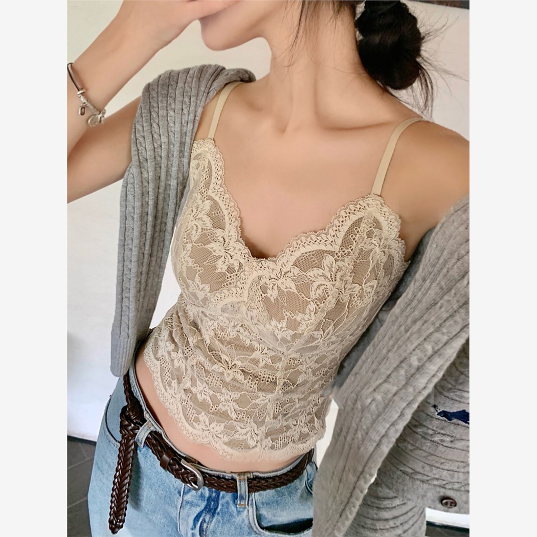 蕾丝花边带胸垫美背内搭背心吊带女磨毛保暖纯欲修身显瘦打底上衣