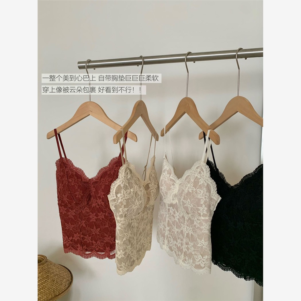 蕾丝花边带胸垫美背内搭背心吊带女磨毛保暖纯欲修身显瘦打底上衣