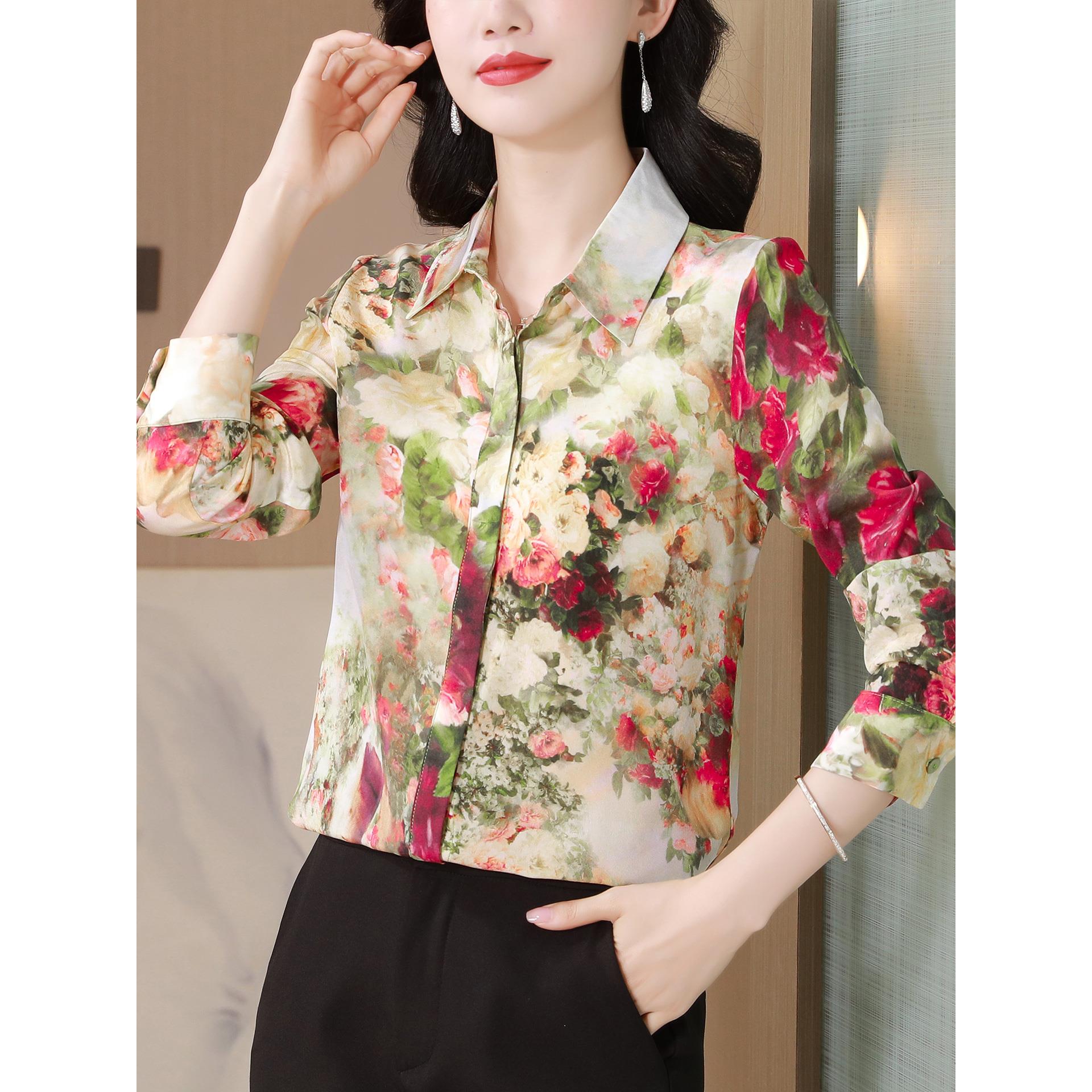 ROUMIKL设计感小众印花长袖衬衫女秋装气质休闲显瘦衬衣高贵洋气 - 图0