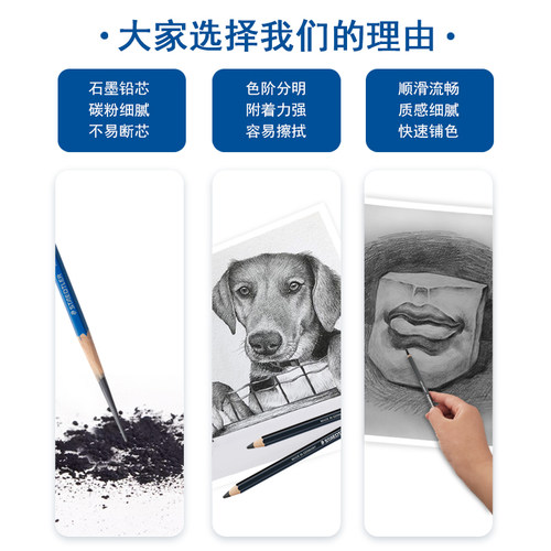 德国STAEDTLER施德楼100蓝杆书写画图绘图素描铅笔黑杆碳铅素描笔10H-12B铅笔发簪艺考联考素描速写制图铅笔 - 图1