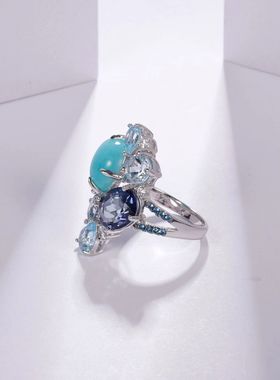 设计师款奢华风宝石戒指 宴会搭配高级感925银镶嵌天然天河石戒指