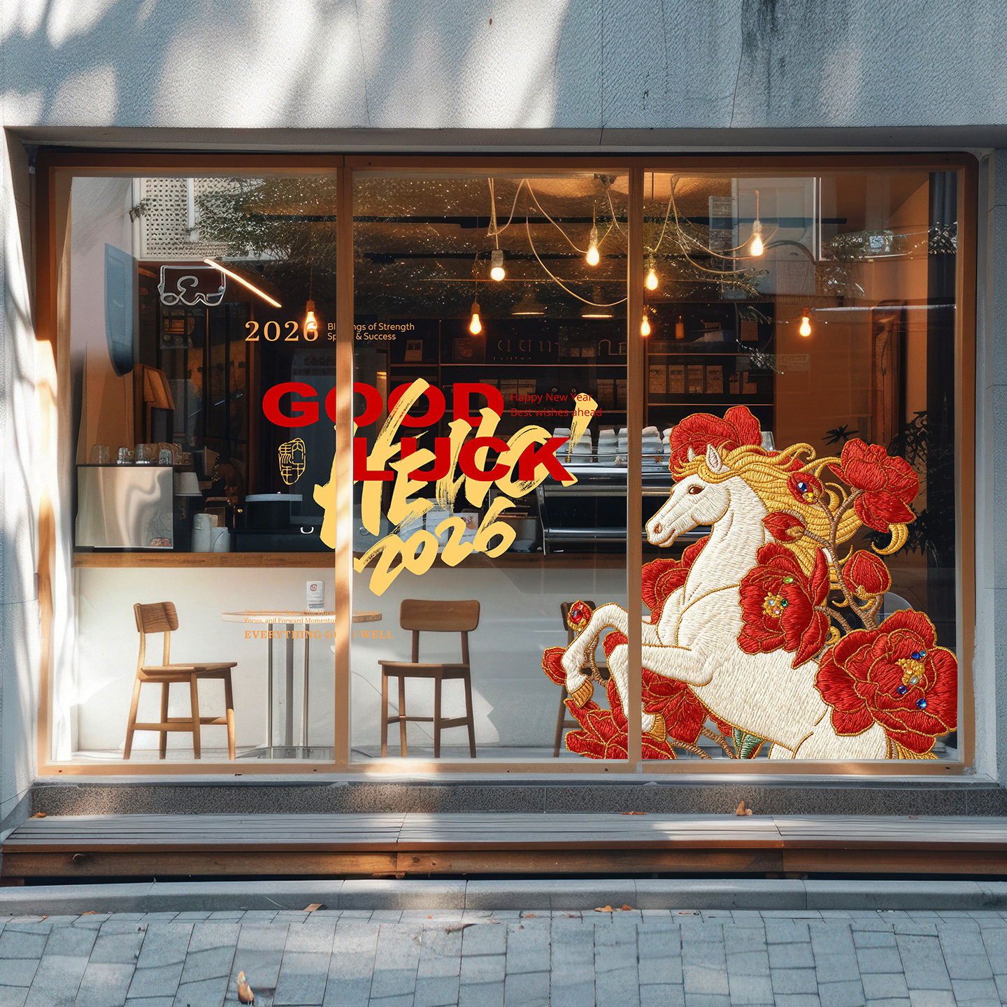 马年牡丹刺绣风海报玻璃贴2026新春创意橱窗玻璃门高级感氛围美陈,淘宝优惠券,粉丝福利购,淘宝优惠卷