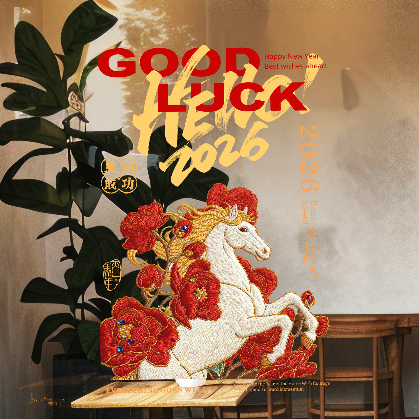 马年牡丹刺绣风海报玻璃贴2026新春创意橱窗玻璃门高级感氛围美陈,淘宝优惠券,粉丝福利购,淘宝优惠卷