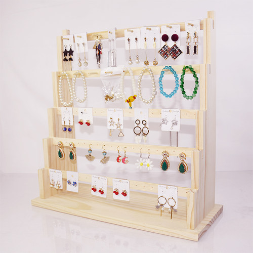 实木阶梯耳环架耳饰卡纸挂架家用耳钉收纳架戒指手链托饰品展示架