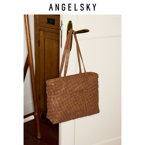 ANGELSKY原创设计编织包黑色通勤托特包大容量女单肩包新款小众 - 图2