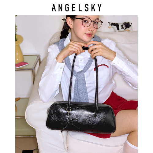 ANGELSKY腋下包女新款保龄球包蝴蝶结小众法棍包红色包包原创婚包 - 图2