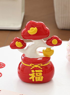 2026马年福气发财树红陶瓷摆件客厅玄关前台工位招财乔迁开业礼物