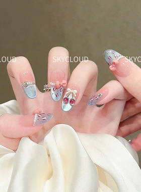 蓝色猫眼法式纯手工穿戴甲长款