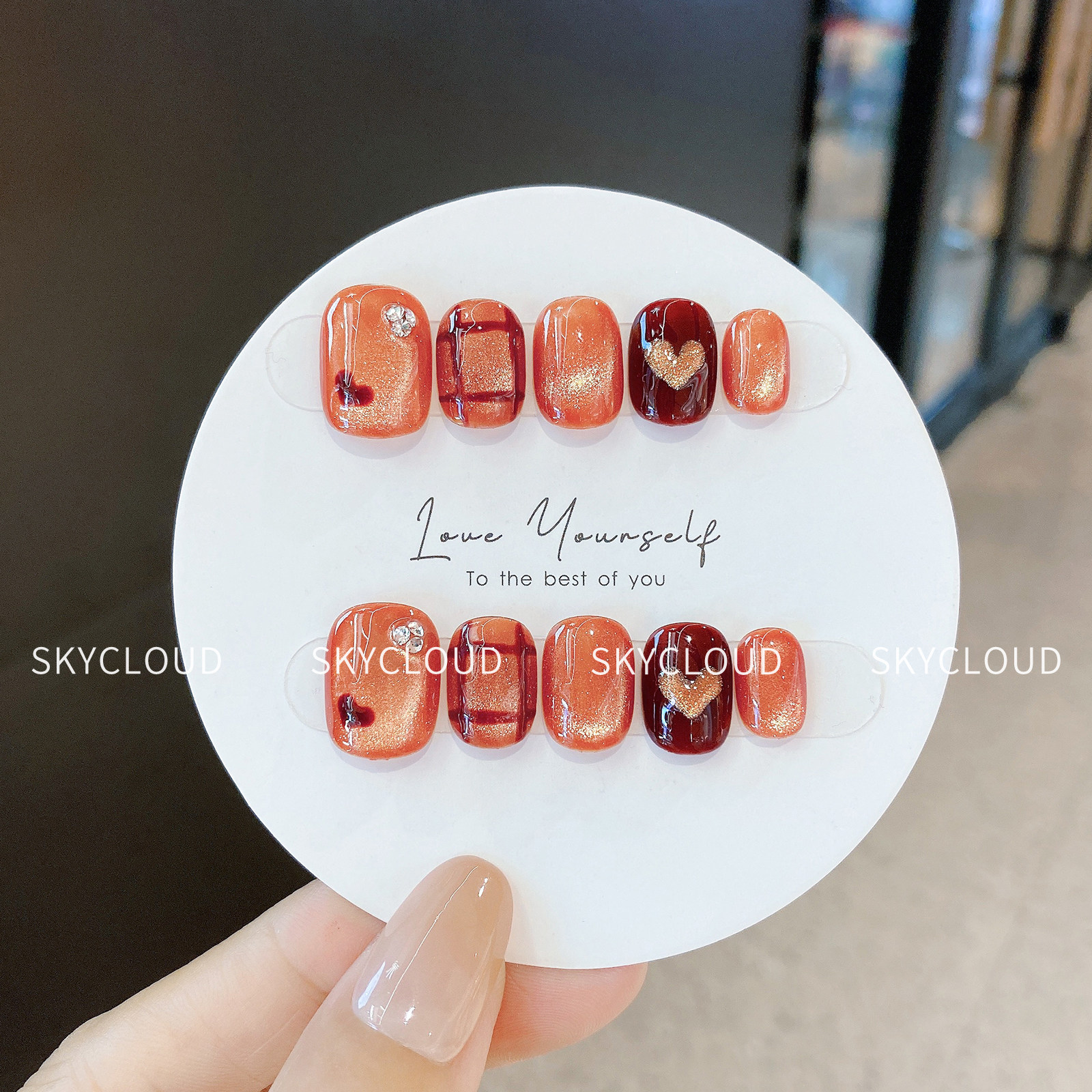 爱心猫眼咖色手工穿戴甲短款秋冬显白高级感美甲2026新款指甲贴片,淘宝优惠券,粉丝福利购,淘宝优惠卷