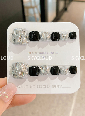 黑色闪钻穿戴甲脚指甲贴片成品