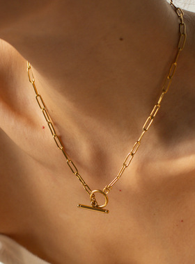 法国cherrykoko粗链条电镀18k金项圈嘻哈欧美风回形针金色ot扣