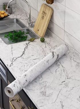 厨房防油贴纸家具翻新墙纸自粘防水大理石灶台面贴膜桌面铝箔PET