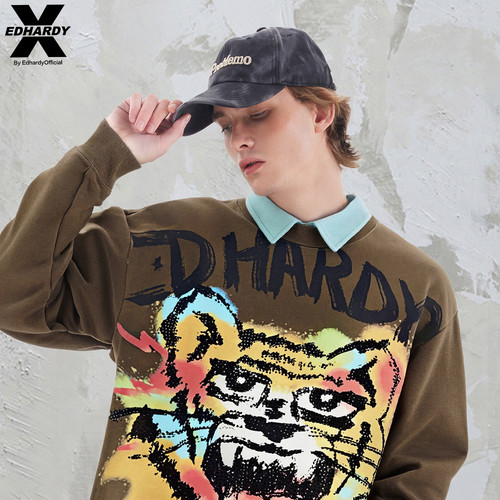 EDHARDY X2025秋季新款涂鸦咆哮虎头烫钻印花圆领国潮设计感卫衣 - 图2