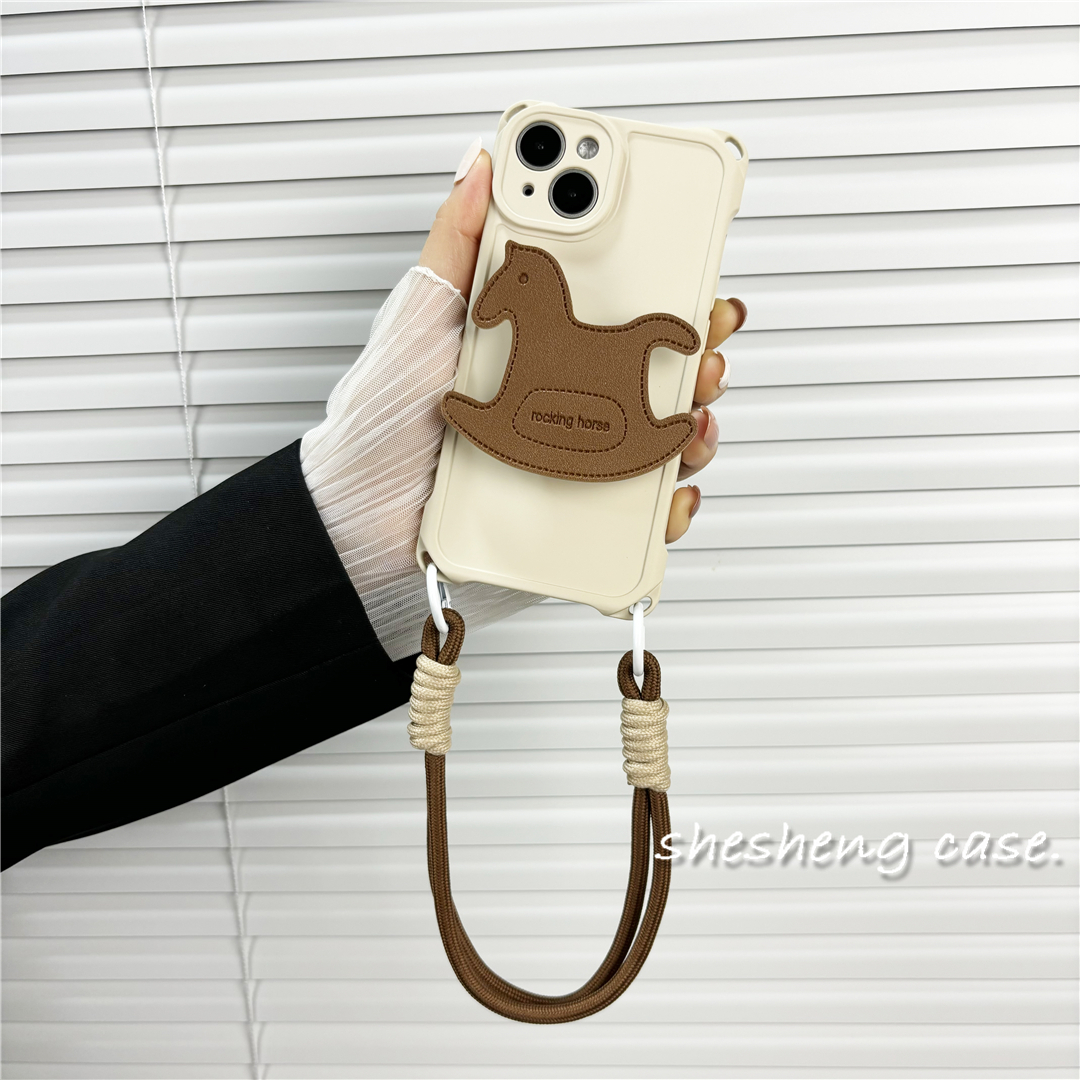原创卡通摇摇木马皮质支架适用oppo RENO14/13/12/11/10/9/8/7/6/5手机壳pro斜挎挂绳A72手拎A58软高级感新款 - 图2